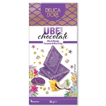 Delicadore UBE - Ciocolată albă cu ube, mango, cocos și crisps, 90g